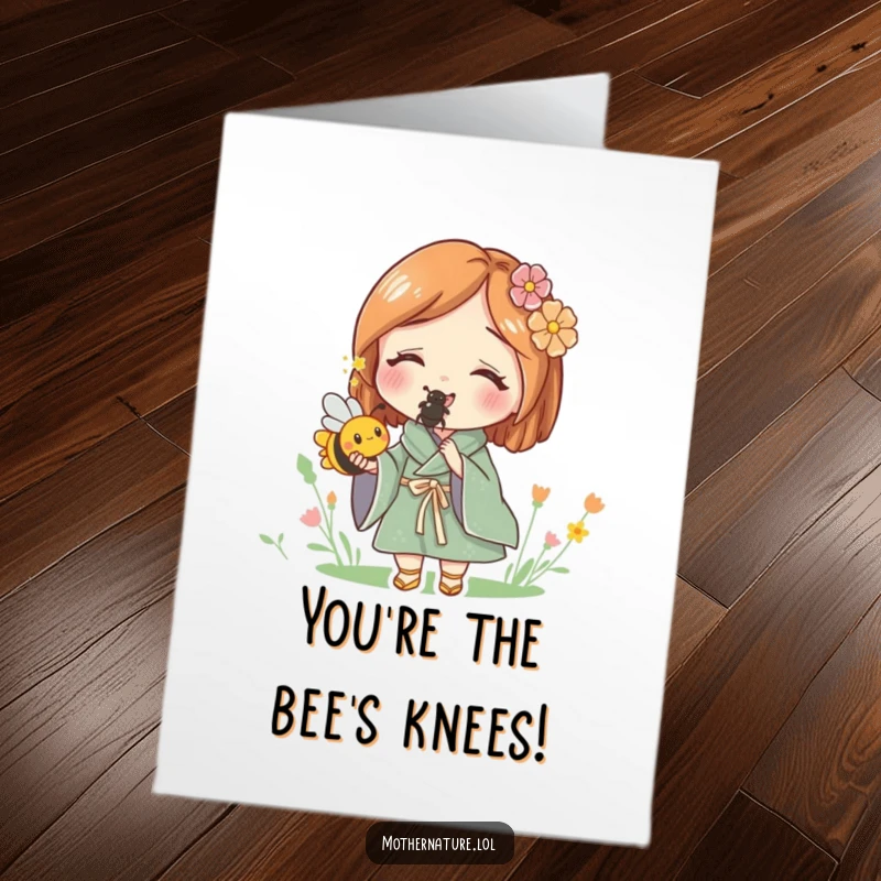 Free Printable Congrats Card: Mother Nature beams with delight, presenting a tiny, buzzing bee as a symbol of growth.