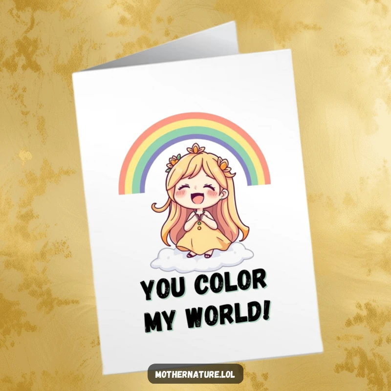 Funny Free Printable Mother Nature Congratulations Card: Mother Nature laughs while a beautiful rainbow forms perfectly around her.