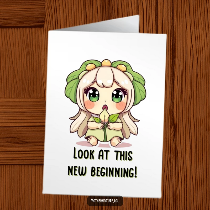 Funny Free Printable Congratulations Card: Surprised Mother Nature cradles a sprouting seed, a sign of new beginnings.