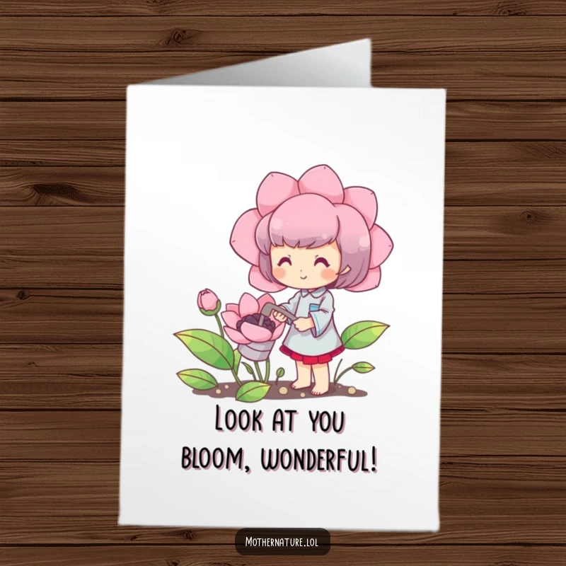 Funny Free Printable Blooming Character Congratulations Card: A character happily waters a huge flower, symbolizing blooming success.