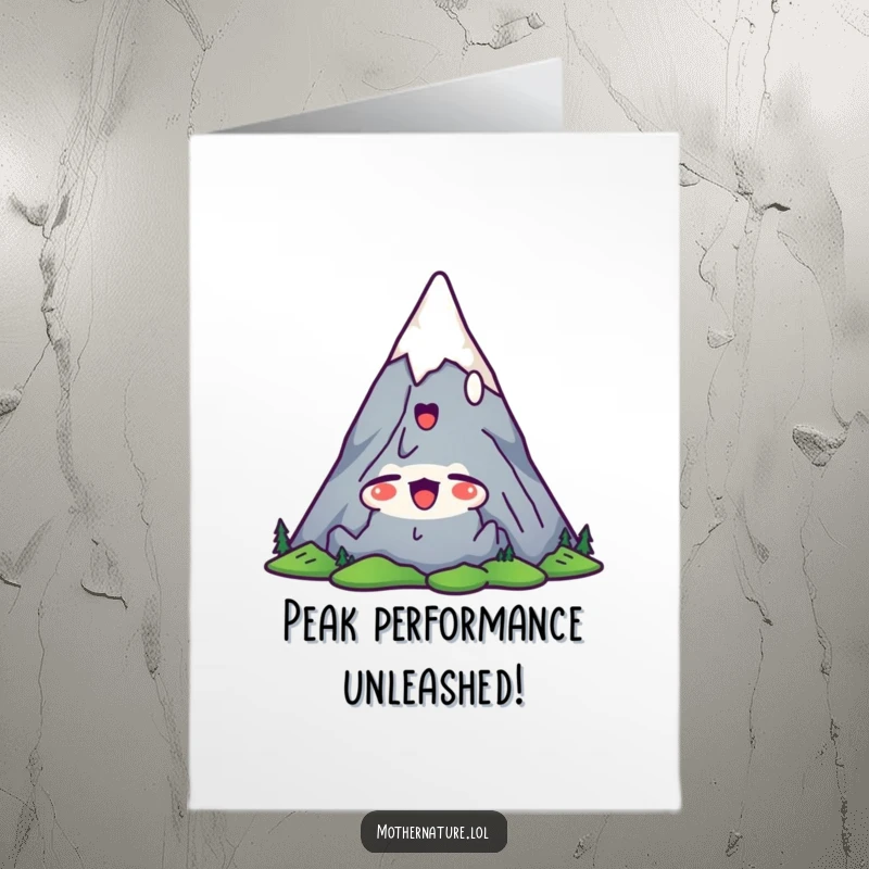 Funny Free Printable Congratulations Card: Cute mountain character stretches peaks upwards with a yawn of satisfaction, celebrating achievement.