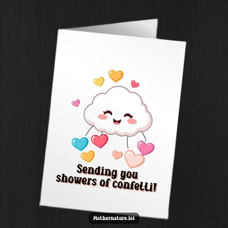 Funny Free Printable Congrats Card: Giggling cloud raining colorful bouncing hearts, perfect for celebrating achievements.