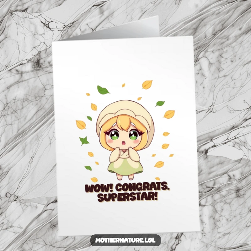 Funny Free Printable Congratulations Card: Mother Nature wide-eyed amidst a playful gust of swirling leaves.