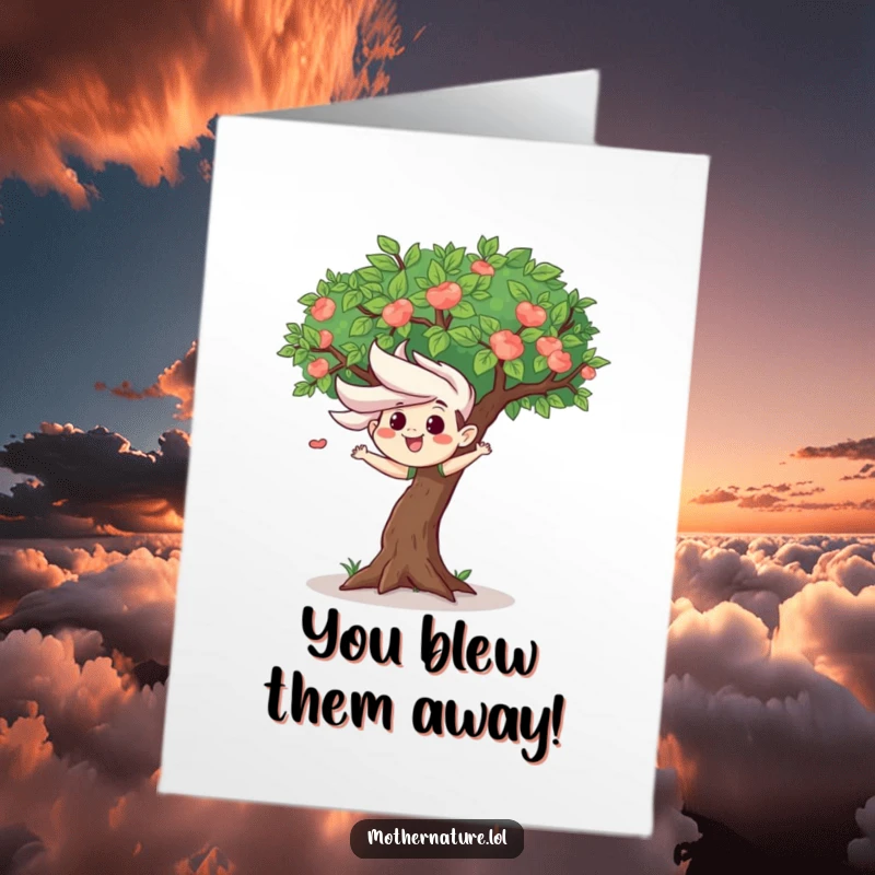 Funny Free Printable Congrats Card: A mischievous wind gust playfully shakes the leaves of a happy tree. Joyful and amusing.