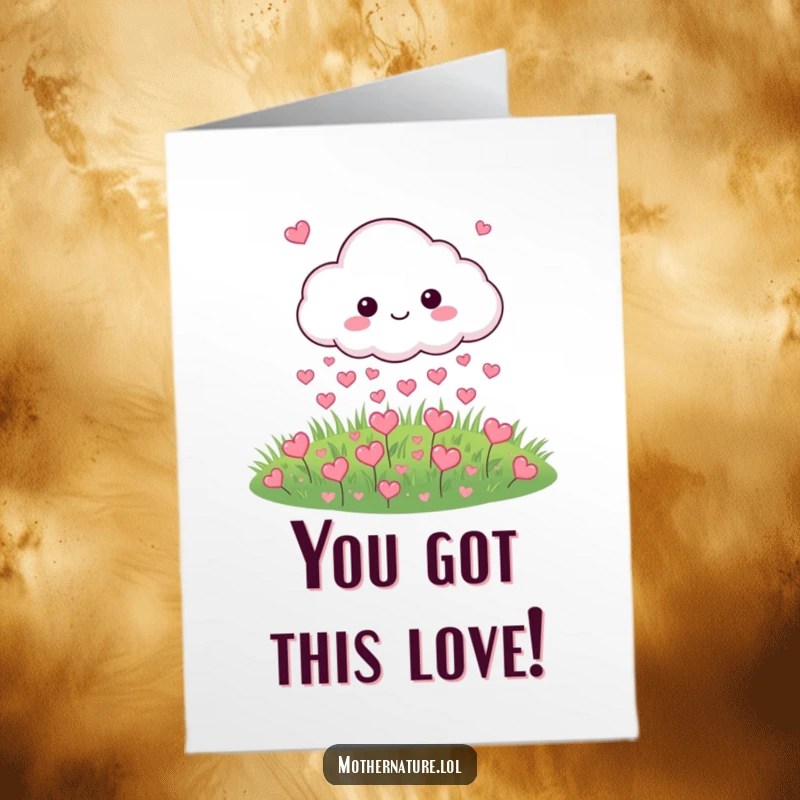 Funny Free Printable Congratulations Card: A playful cloud showers a meadow with tiny hearts, a sweet DIY congratulatory message.