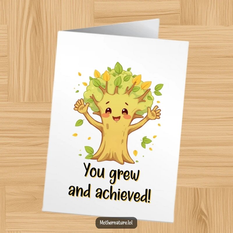 Funny Free Printable Congrats Card: Happy tree character waving branches like arms, signifying growth and success.