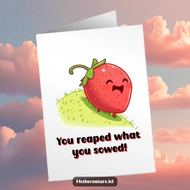 Funny Free Printable Congratulations Card: A plump, dizzy strawberry joyfully rolling down a hill, celebrating an achievement.