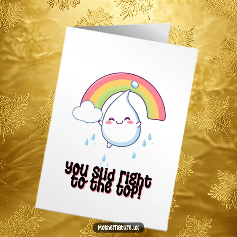 Funny Free Printable Congrats Card: Smiling raindrop character sliding down a rainbow with glee, colorful and triumphant.
