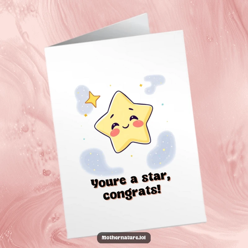 Funny Free Printable Congratulations Card: Giggling star winks in a night sky, celebrating success. Unique downloadable art.