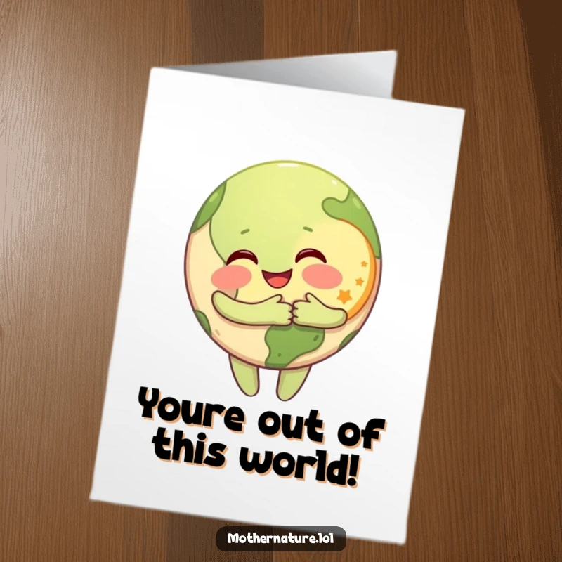 Funny Free Printable Congratulations Card: Happy Earth character hugging a grinning moon, celebrating success. Cute downloadable art.