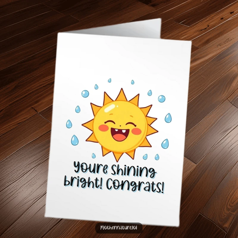 Funny Free Printable Congratulations Card: A cheerful sun character gleefully juggling raindrops, celebrating success with downloadable humor.