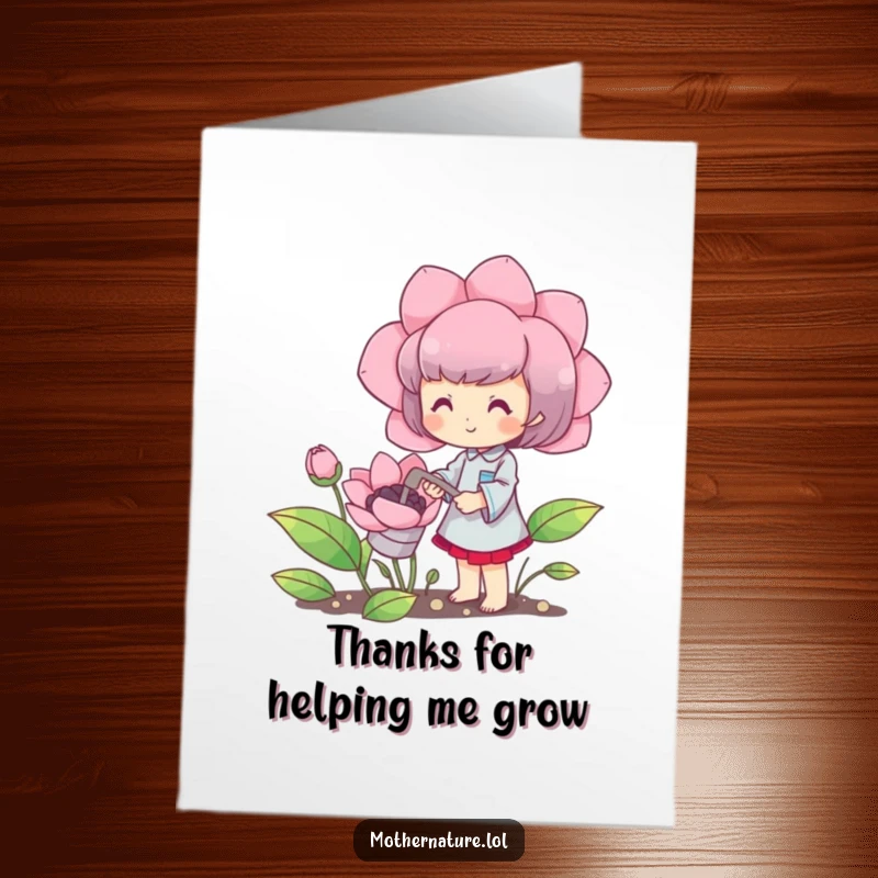 Funny Free Printable Blooming Character Thank You Card: A cute character waters a large flower, expressing thanks with happiness.