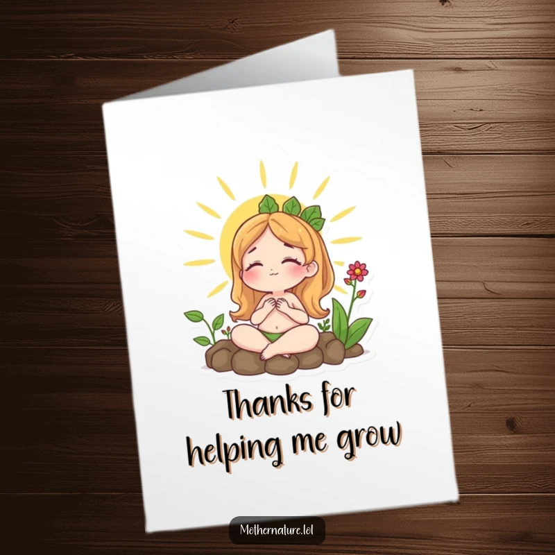 Free Printable Thank You Card: A content Mother Nature character sunbathes peacefully, embraced by flourishing plants, conveying deep thanks.