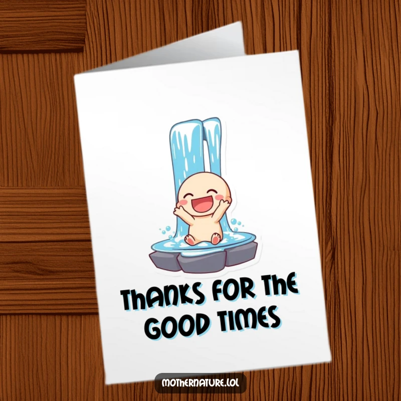 Funny Free Printable Thank You Card featuring a laughing waterfall character cascading with pure joy, a refreshing way to say thank you.