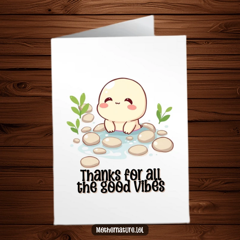 Funny Free Printable Thank You Card: A bubbling brook character giggling while flowing over smooth pebbles, conveying thanks.