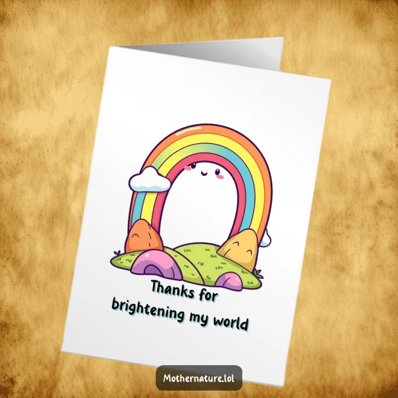 Funny Free Printable Thank You Card showcasing a radiant rainbow character above a smiling landscape, perfect for expressing genuine gratitude.