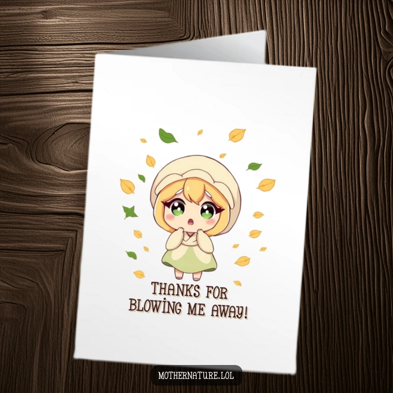 Funny Free Printable Thank You Card: Mother Nature startled by a sudden, playful swirl of leaves.