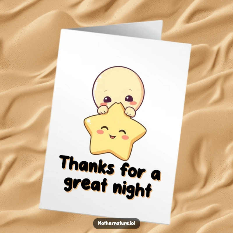 Funny Free Printable Thank You Card with a curious moon character observing a star’s infectious giggles, a truly unique thank you.