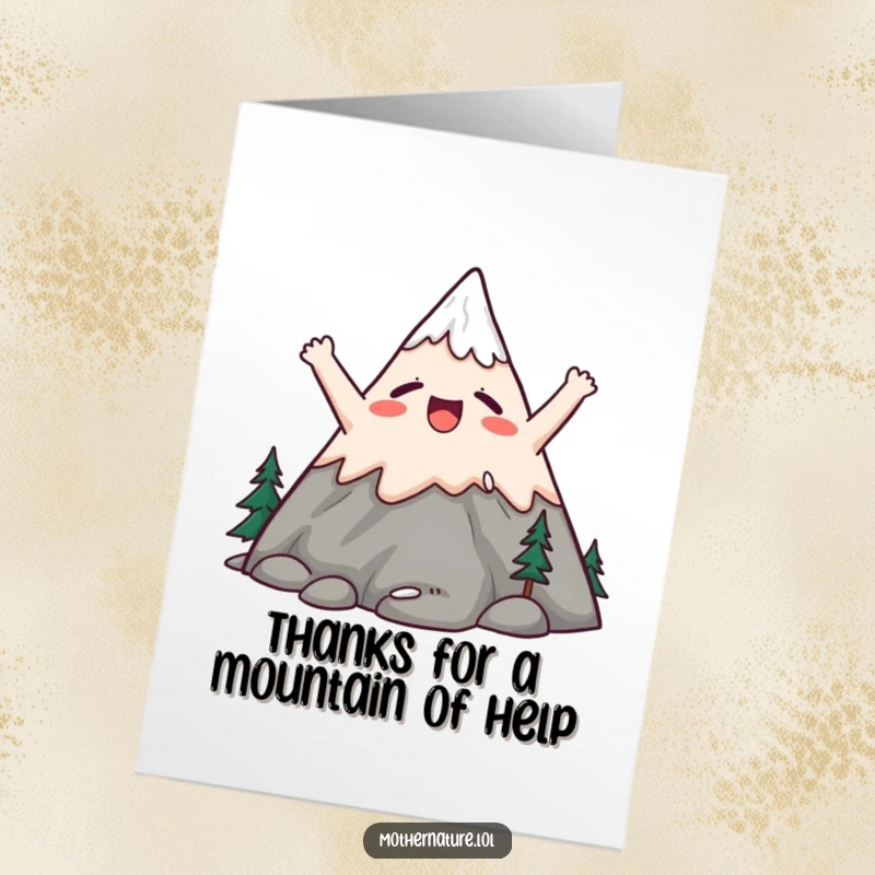 Funny Free Printable Thank You Card: Cute mountain character stretching peaks upwards with a yawn of satisfaction, grateful and content.