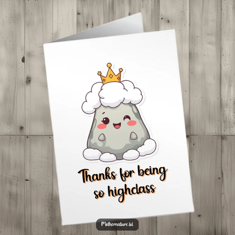 Funny Free Printable Thank You Card: A happy mountain character wearing a crown of fluffy clouds, conveying deep thanks.