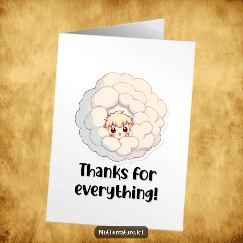 Funny Free Printable Thank You Card: A character's shocked face emerges from a cloud, a perfect way to express surprise gratitude.