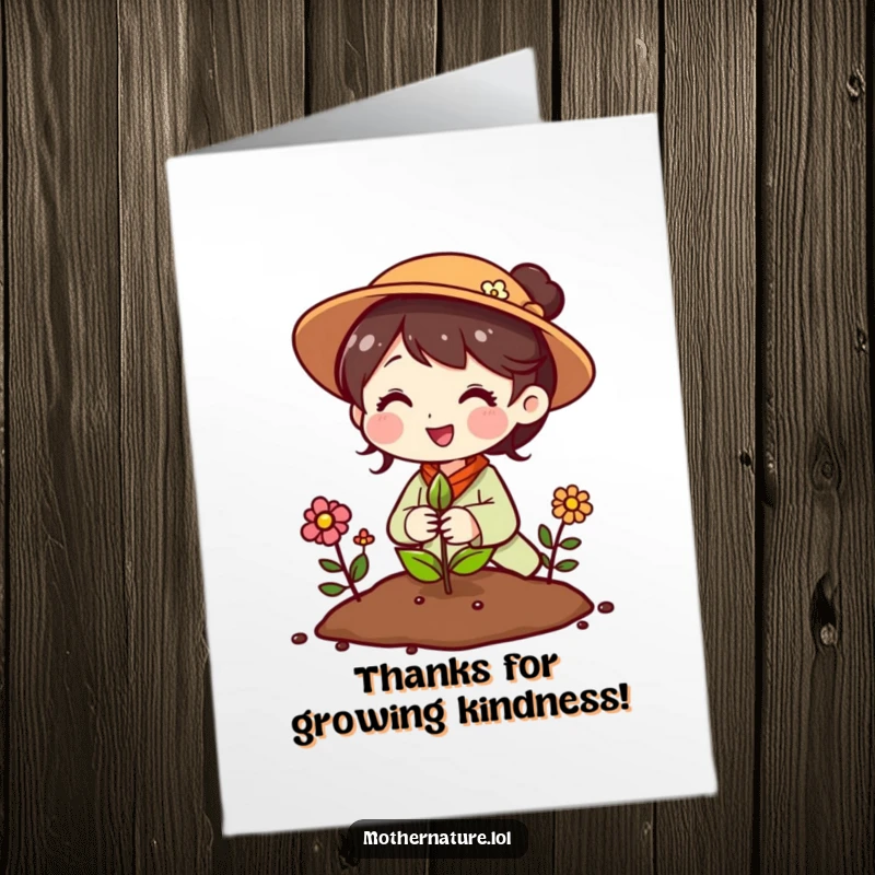 Funny Free Printable Mother Nature Thank You Card: Mother Nature plants a seed that instantly sprouts flowers, showing thanks.