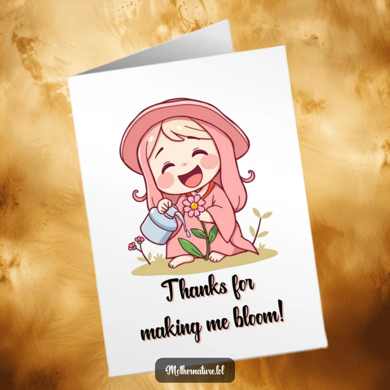 Funny Free Printable Thank You Card: Laughing Mother Nature tending to a happy, giggling flower.