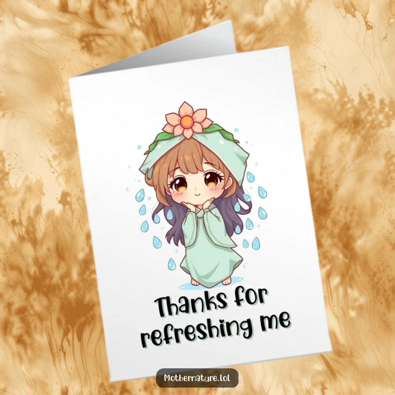 Funny Free Printable Thank You Card: Mother Nature creating a cascade of sparkling dew drops, offering fresh gratitude.