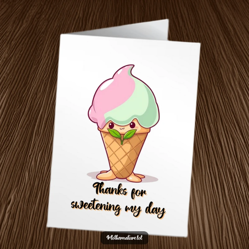 Funny Free Printable Thank You Card: A timid sprout peeks out from behind a large, dripping ice cream cone, a cute gift.