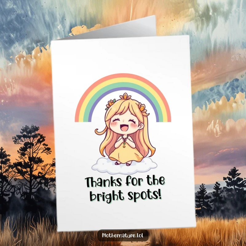 Funny Free Printable Mother Nature Thank You Card: Mother Nature laughs heartily as a rainbow gracefully forms around her.