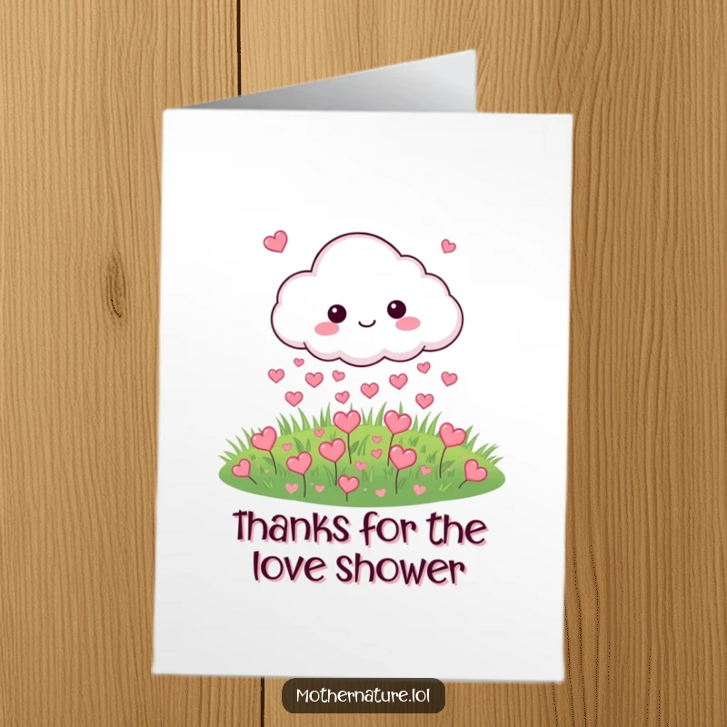 Funny Free Printable Thank You Card: A cheerful cloud rains tiny hearts onto a green meadow, a cute DIY thank you.