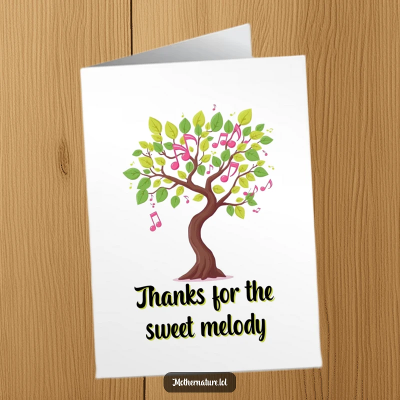 Funny Free Printable Thank You Card: A whimsical tree branch with leaves shaped like dancing musical notes, a thoughtful gift.