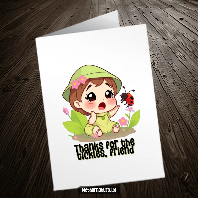 Free Printable Thank You Card: Mother Nature's surprised expression as a ladybug tickles her conveys thanks with a playful twist.
