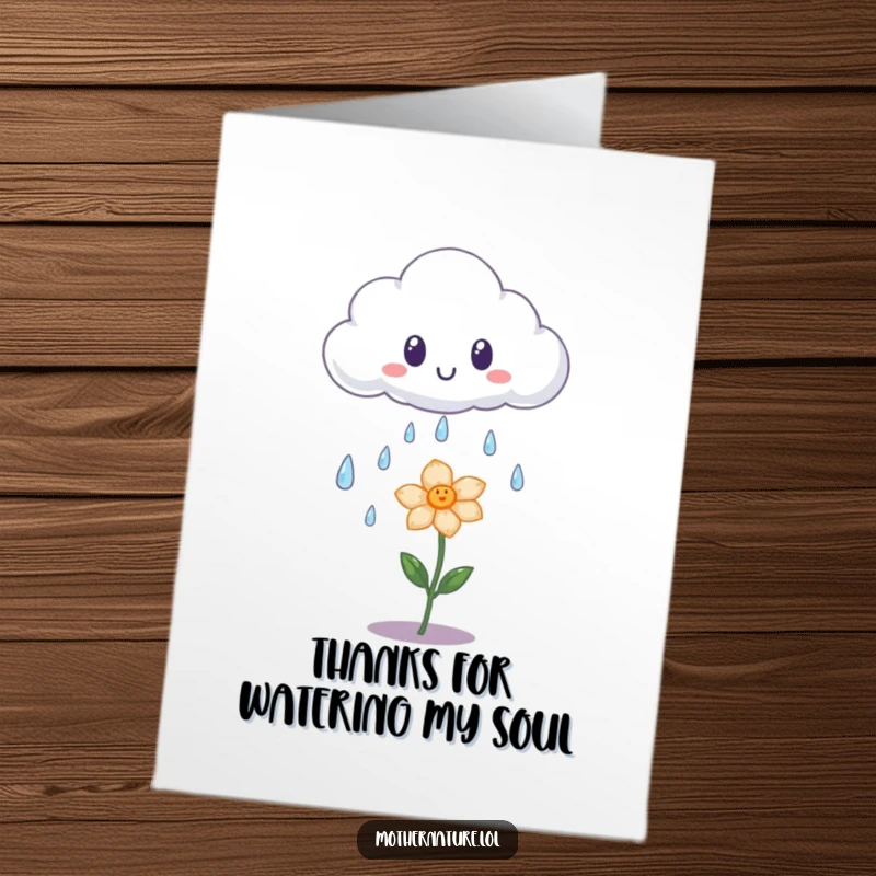 Funny Free Printable Thank You Card: A surprised cloud shedding gentle, iridescent raindrops onto a tiny happy flower, expressing sincere thanks.