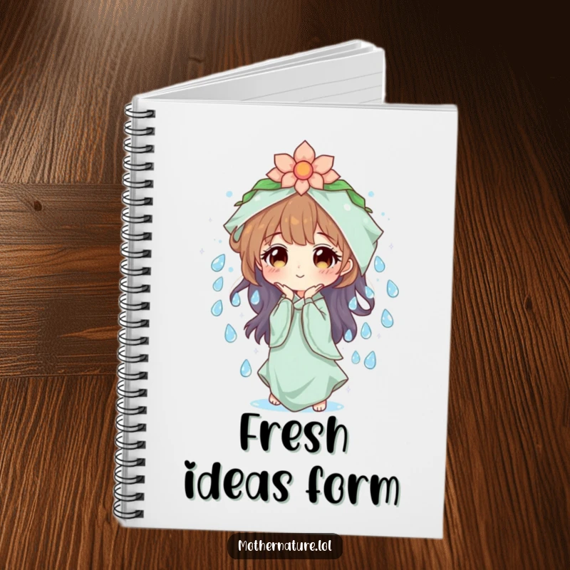 Mother Nature Notebook: Character creating sparkling dew drops, perfect for journaling about nature's purity. Creative and inspiring gift.