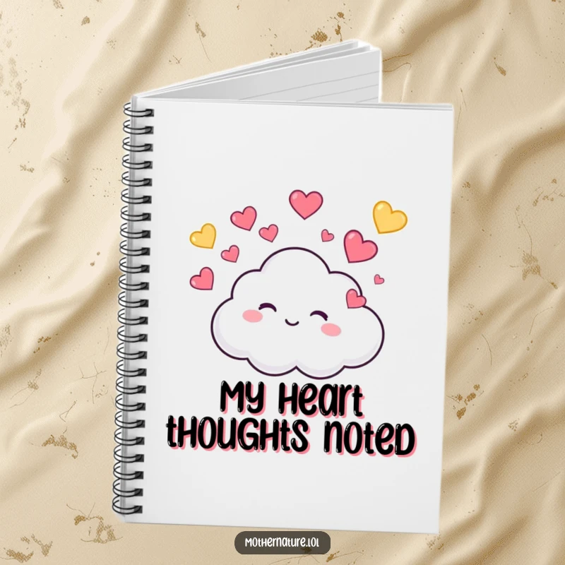 Funny Notebook with a tiny, cute cloud character giggling while raining colorful hearts, ideal for jotting down notes with adorable flair.