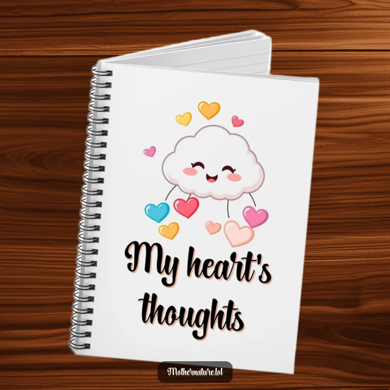 Funny notebook cover with a tiny, cute cloud character giggling joyfully while raining a vibrant shower of colorful, bouncing heart-shaped raindrops.