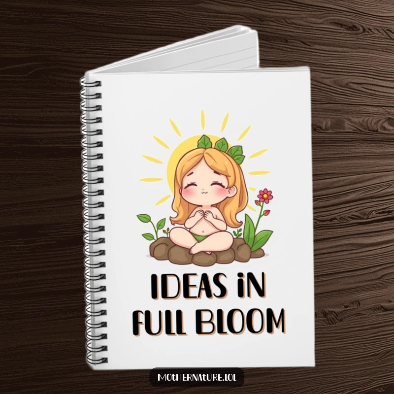 Funny notebook with Mother Nature contentedly sunbathing surrounded by plants, perfect for journaling peaceful thoughts and creative ideas.