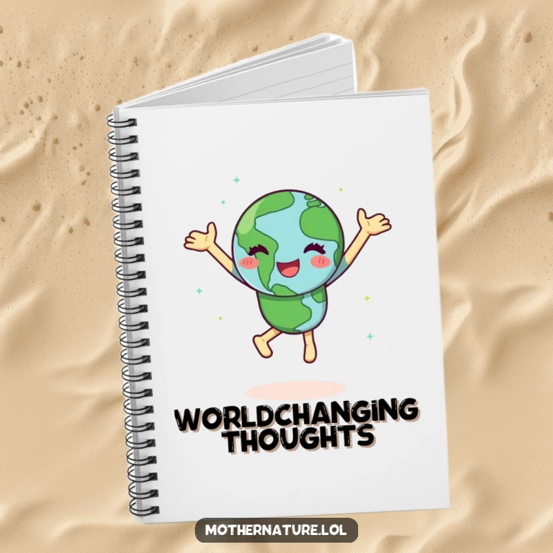 Funny Earth notebook with a happy character doing a joyful dance, spinning with green continents, for jotting down inspired planetary thoughts.