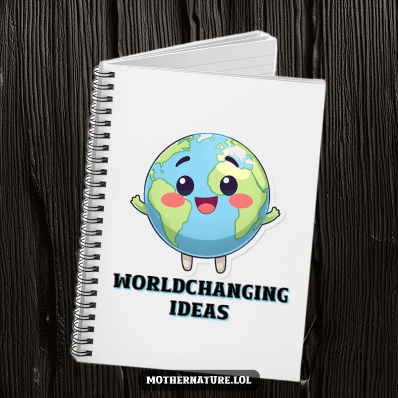 Funny notebook with a cheerful, bouncing Earth globe character on the cover. Ideal for writing.