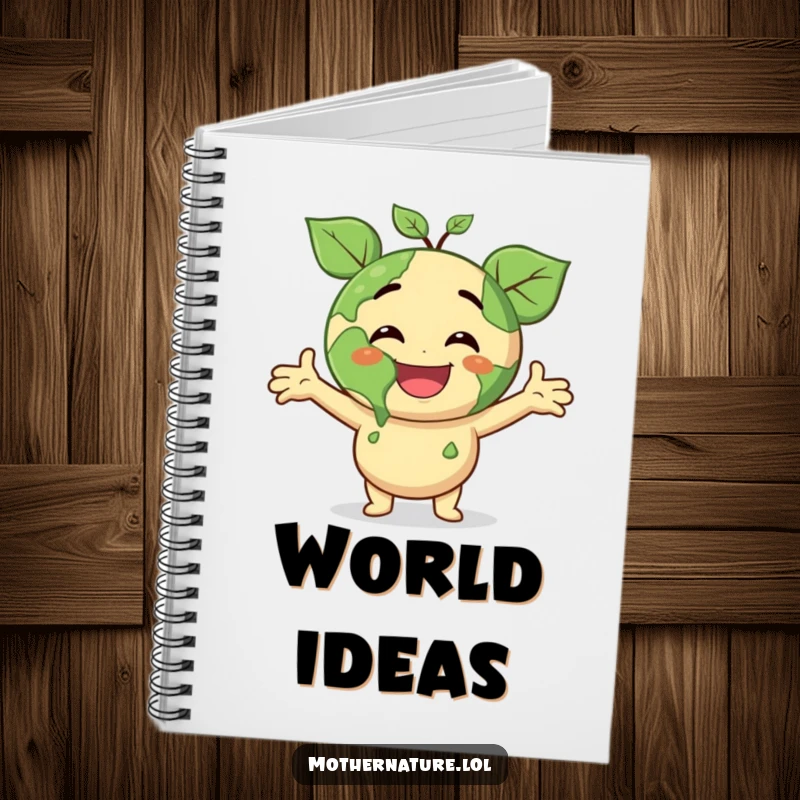 Funny notebook featuring a smiling Earth character with leafy arms open, beaming with joyous surprise, ideal for capturing happy thoughts.