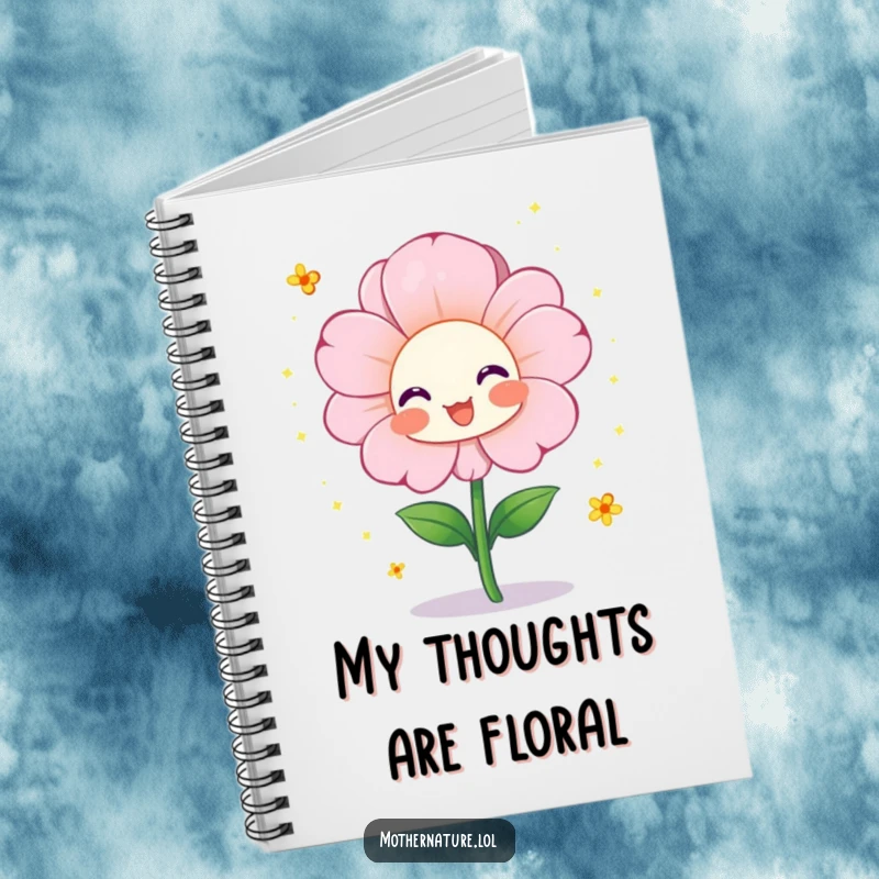 Funny notebook with a cheerful flower character blooming vibrantly and showering tiny pollen sparkles, ideal for creative writing and journaling.
