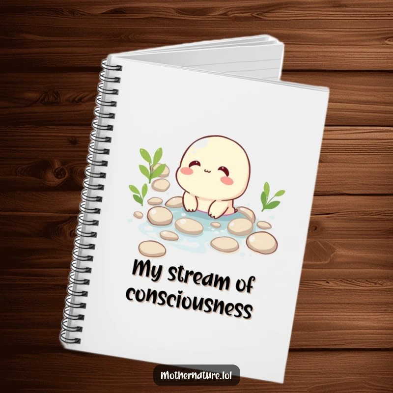 Funny notebook cover featuring a happy, giggling brook character flowing smoothly over pebbles, ideal for capturing serene thoughts.