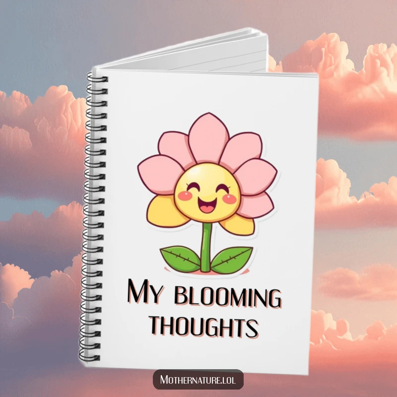 Funny Giggling Flower Notebook with a happy character unfurling petals to reveal a surprise smiley face, ideal for journaling joys.