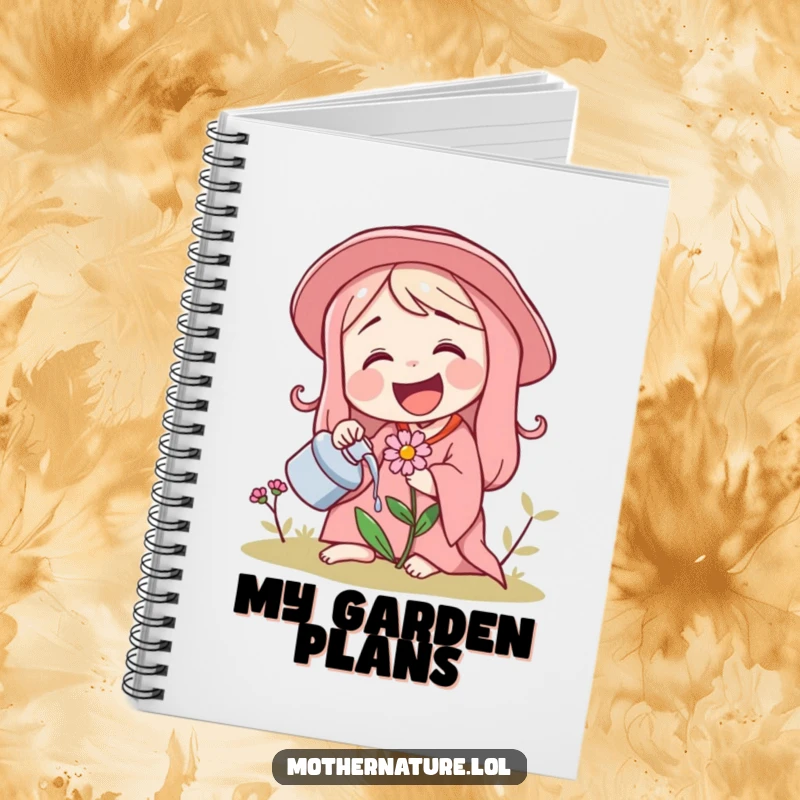 Funny notebook cover of Mother Nature laughing and watering a tiny, giggling flower, inspiring joy.