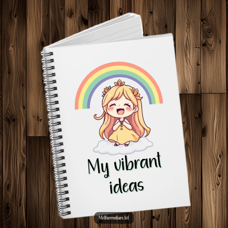 Funny Mother Nature notebook featuring a laughing character surrounded by a vibrant rainbow, ideal for journaling.