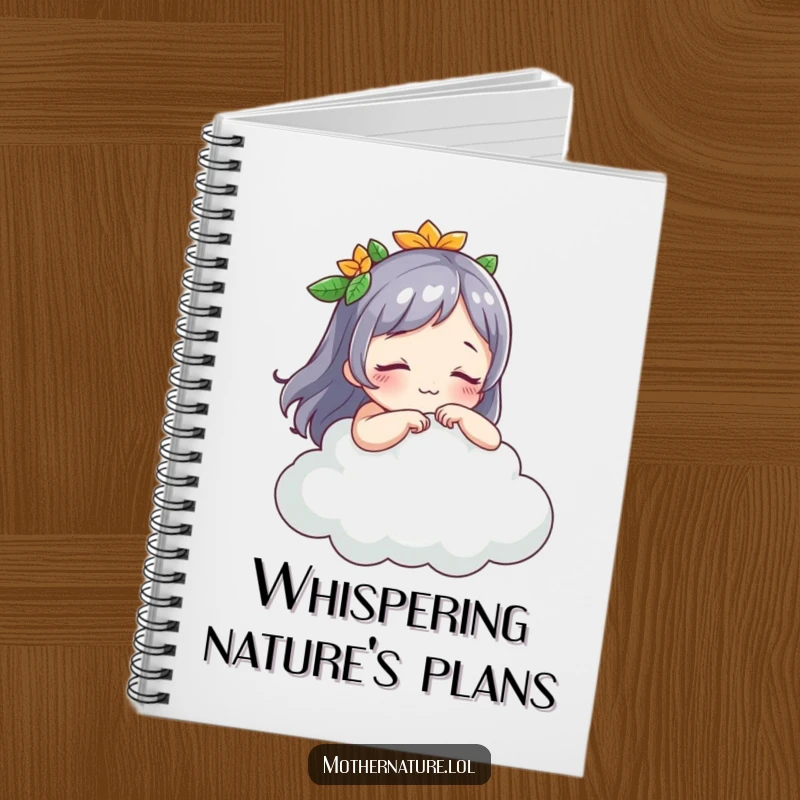 Funny Mother Nature notebook, playful character tickling a sleeping cloud, whimsical journal, ideal for creative minds.