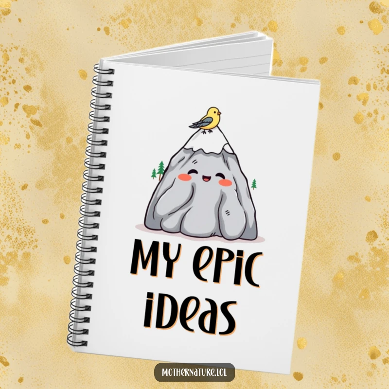 Funny notebook featuring a mountain character shrugging amiably, with a bird on its head, for journaling.