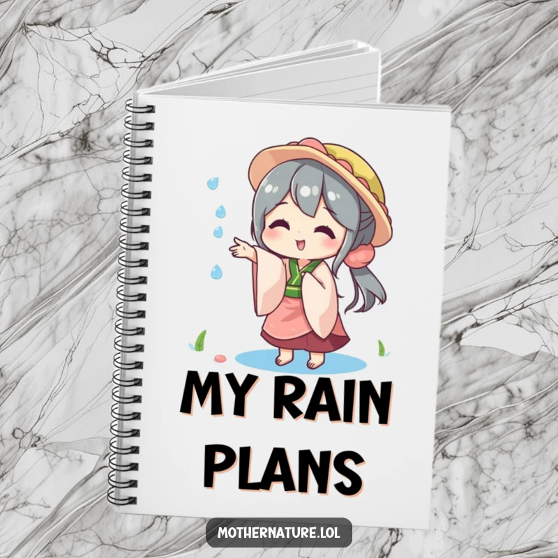 Funny notebook cover of Mother Nature playfully tossing a sparkling raindrop, inspiring whimsy.