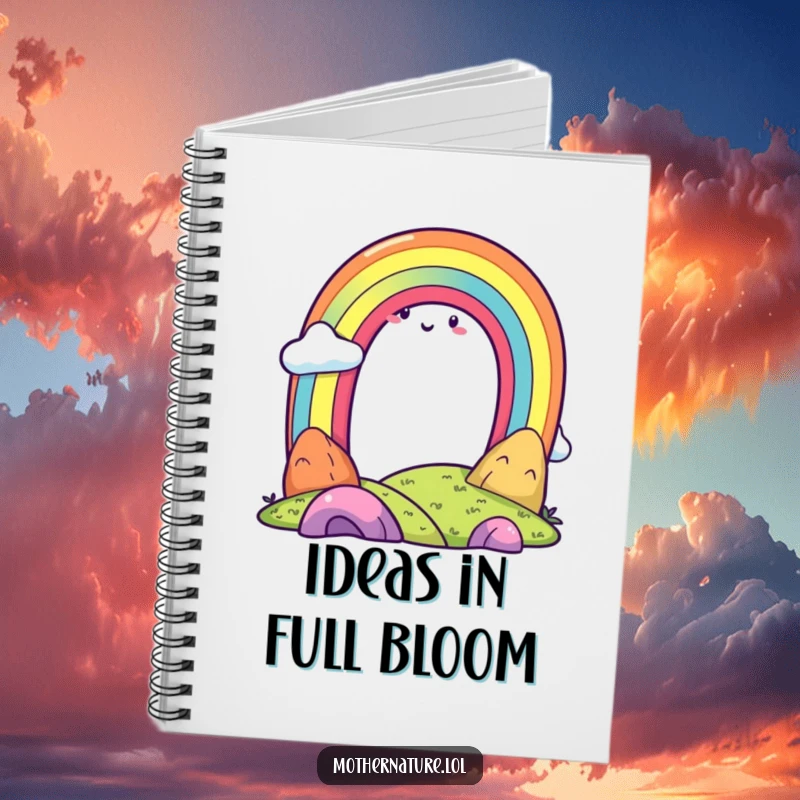 Funny rainbow character arching over a smiling landscape on the cover of a notebook, ideal for joyful writing.